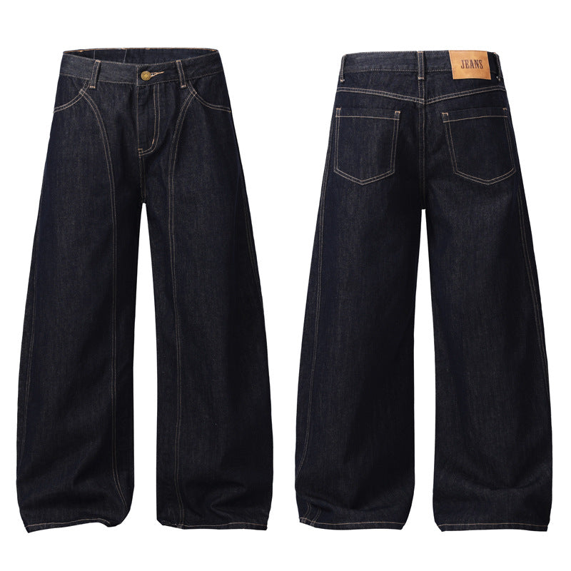 Unisex Ultraweite tiefsitzende Baggy-Jeans aus rohem Denim mit Kontrastnähten Nord Taschen