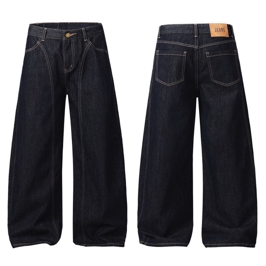 Unisex Ultraweite tiefsitzende Baggy-Jeans aus rohem Denim mit Kontrastnähten Nord Taschen