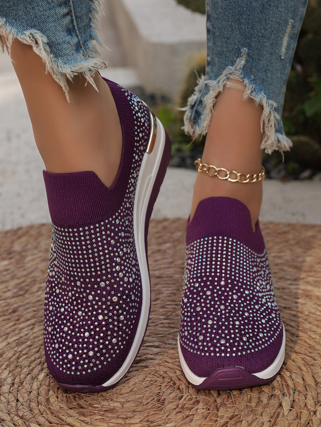 Damen  Strick Slip-On Sneaker mit funkelndem Strassbesatz, elastischem Einstieg und dämpfender Plateausohle Nord Taschen