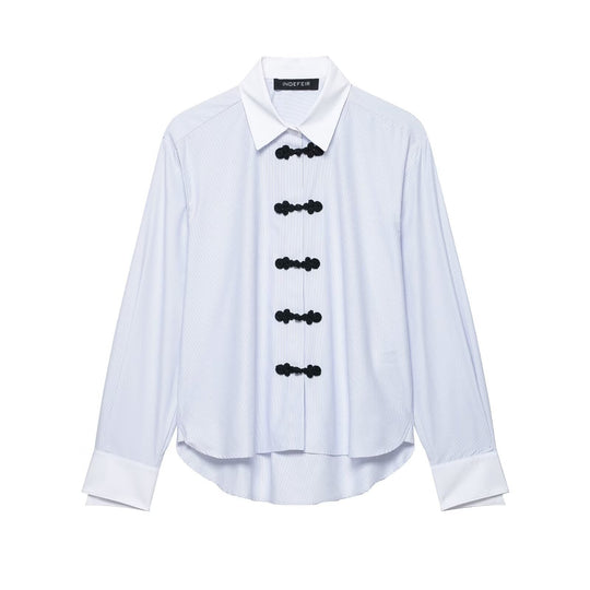 Damen Oversized Hemdbluse mit Kontrastkragen und dekorativen Knotenverschlüssen Nord Taschen