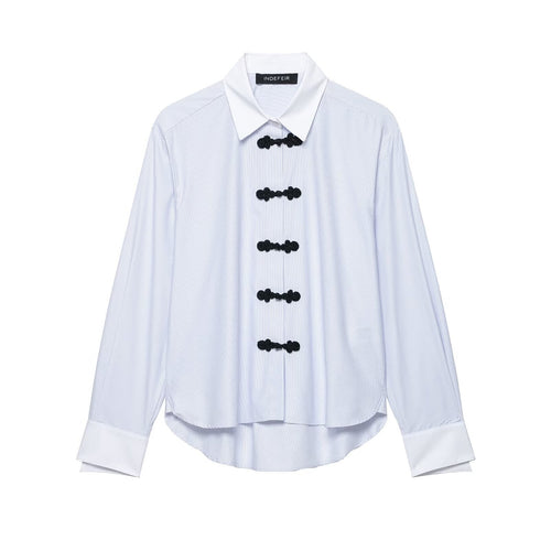 Damen Oversized Hemdbluse mit Kontrastkragen und dekorativen Knotenverschlüssen Nord Taschen
