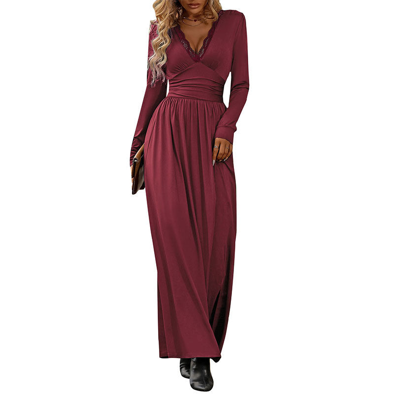 Damen Fließendes Maxikleid mit Spitzen‑V‑Ausschnitt, Wickel‑Taille und Seitenschlitz Nord Taschen