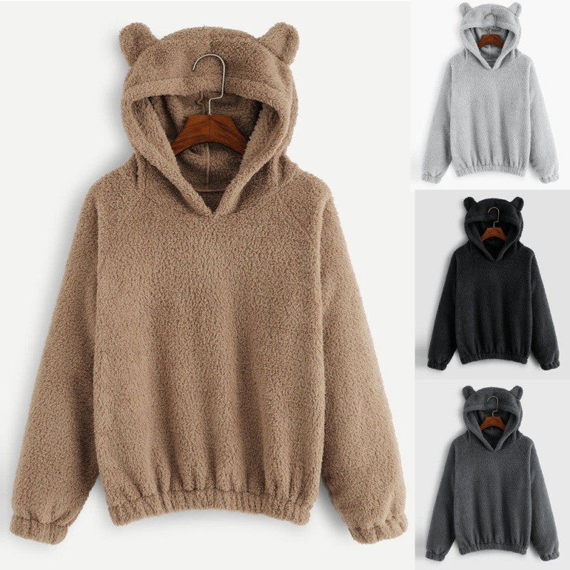 Damen Kuscheliger Teddy-Kapuzenpullover mit Bärenohren und Gummizugsaum Nord Taschen
