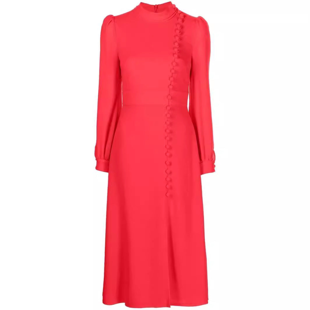 Damen Midikleid im Vintage‑Look mit hochgeschlossenem Kragen, asymmetrischer Zierknopfleiste und Frontschlitz Nord Taschen