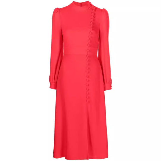 Damen Midikleid im Vintage‑Look mit hochgeschlossenem Kragen, asymmetrischer Zierknopfleiste und Frontschlitz Nord Taschen