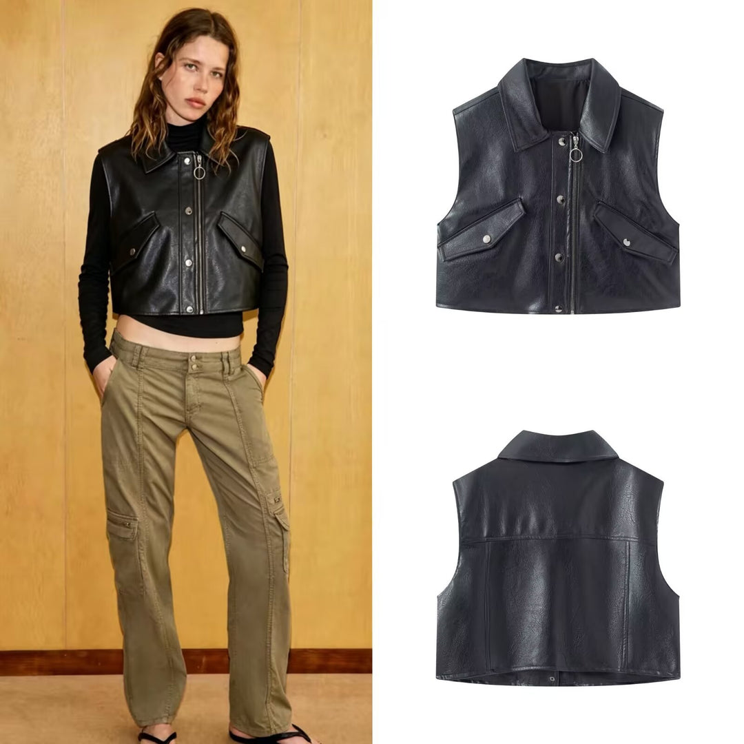 Damen Cropped Utility Weste aus Lederoptik mit Kragen, Ringzipper und aufgesetzten Pattentaschen Nord Taschen