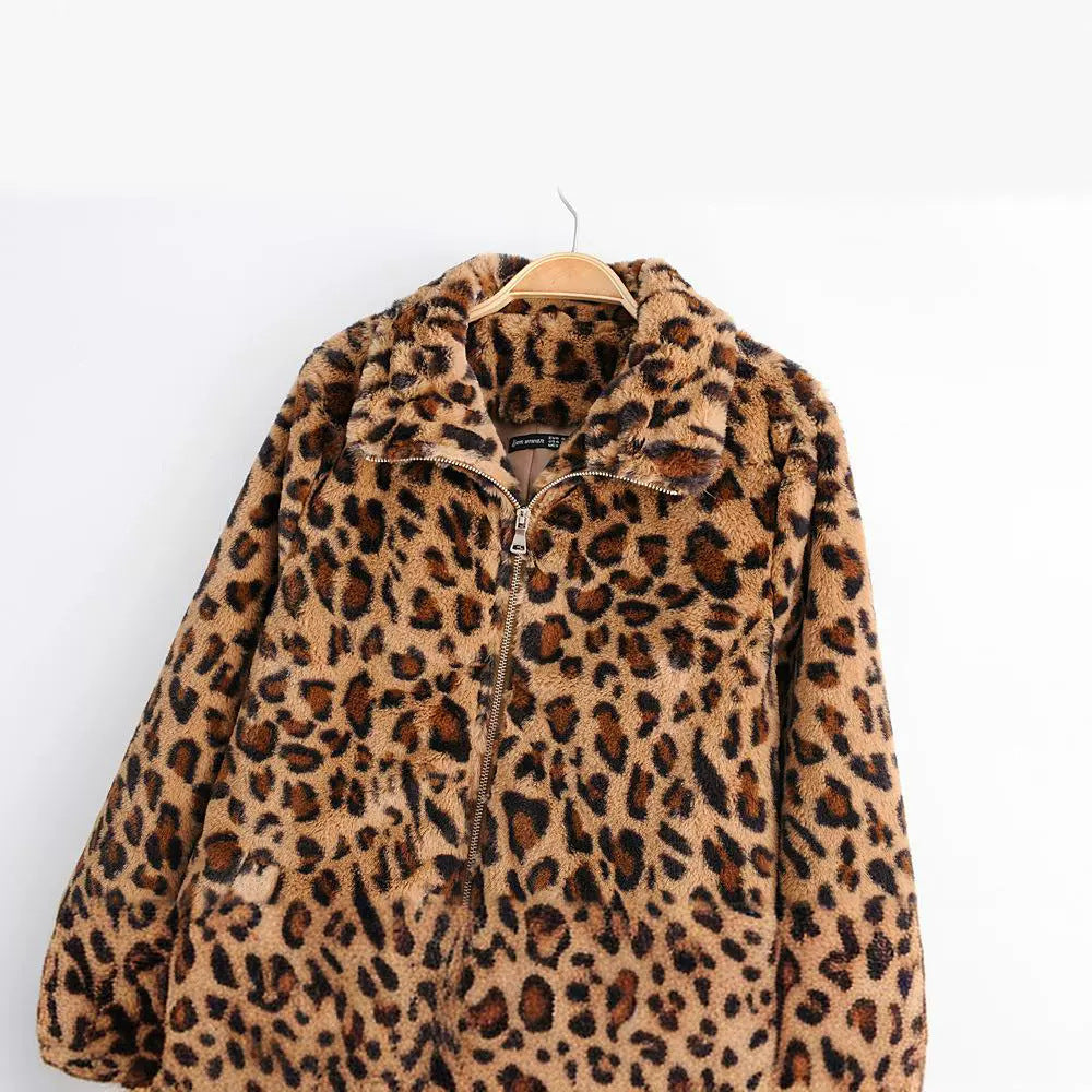 Damen Kunstfelljacke mit Leopardenmuster, durchgehendem Reißverschluss und elastischem Saum Nord Taschen