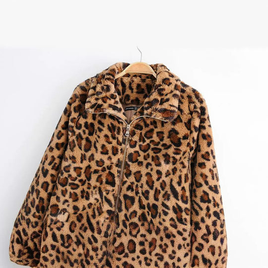 Damen Kunstfelljacke mit Leopardenmuster, durchgehendem Reißverschluss und elastischem Saum Nord Taschen