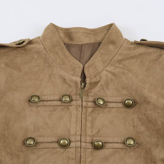 Damen kurz geschnittene Kavallerie-Jacke aus Wildlederoptik mit Zierknopfleiste und Schulterpatten Nord Taschen