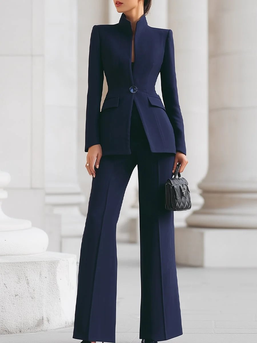 Damen Taillierter Blazer mit Stehkragen und High‑Waist ausgestellte Hose Nord Taschen