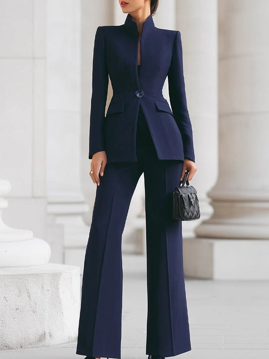 Damen Taillierter Blazer mit Stehkragen und High‑Waist ausgestellte Hose Nord Taschen