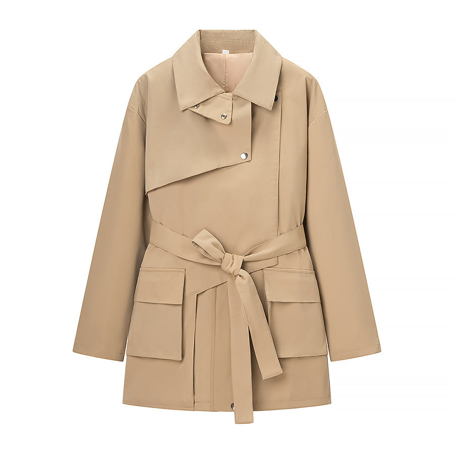 Damen Taillierte Übergangsjacke mit Stehkragen, Schultercape und Bindegürtel Nord Taschen