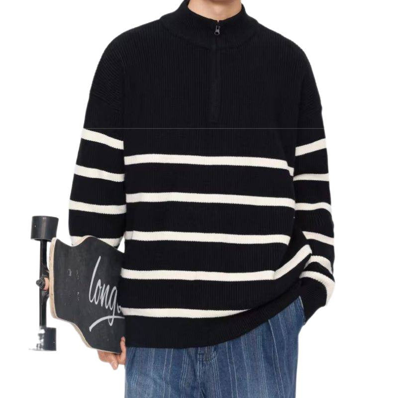 Unisex Oversize Strickpullover mit halbem Reißverschluss, maritimen Kontraststreifen und strukturierter Rippoptik Nord Taschen