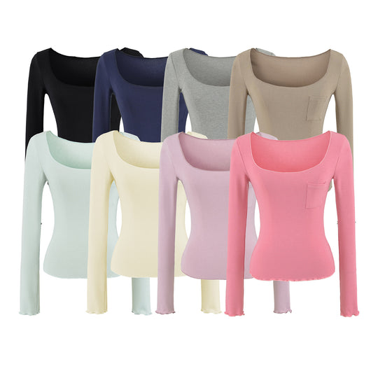 Damen Figurbetontes geripptes Langarmshirt mit weitem Quadrat-Ausschnitt und Brusttasche Nord Taschen