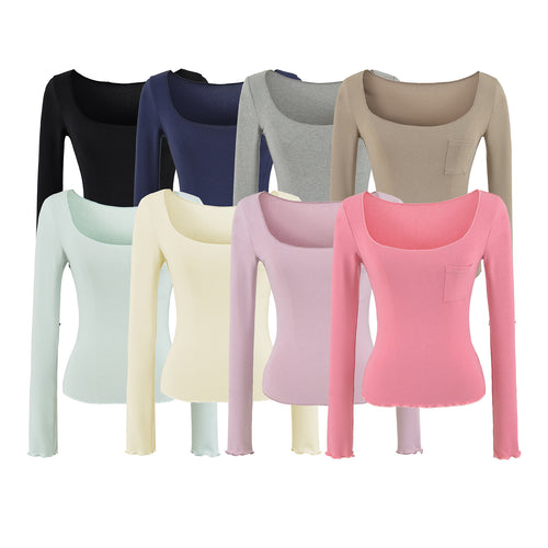 Damen Figurbetontes geripptes Langarmshirt mit weitem Quadrat-Ausschnitt und Brusttasche Nord Taschen