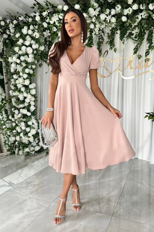 Damen A-Linie Kleid mit Puffärmeln und schmalem V-Ausschnitt