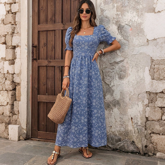 Damen Langes Leichtes Sommer-Maxikleid mit quadratischem Ausschnitt, Puffärmeln und floraler Stickoptik Nord Taschen
