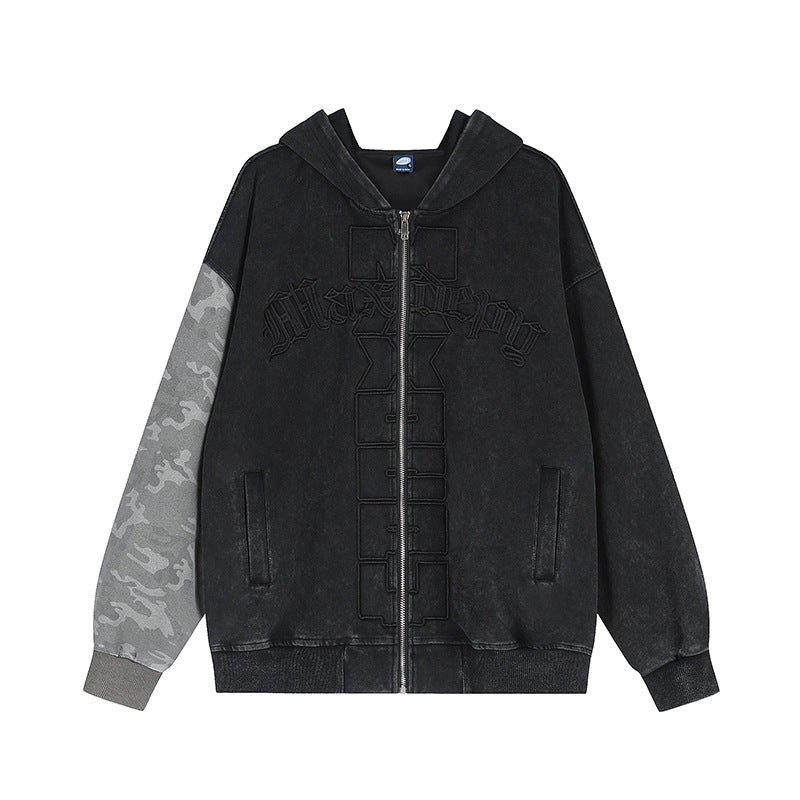 Unisex Oversize-Kapuzen-Zipjacke mit Camouflage-Ärmel, Washed‑Effekt und erhabener Frontstickerei Nord Taschen