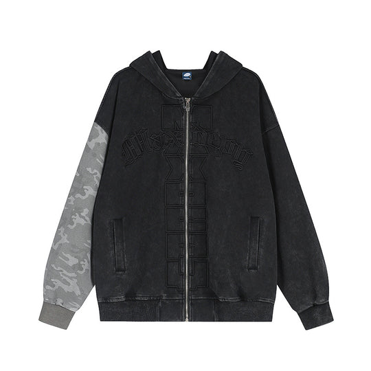 Unisex Oversize-Kapuzen-Zipjacke mit Camouflage-Ärmel, Washed‑Effekt und erhabener Frontstickerei Nord Taschen