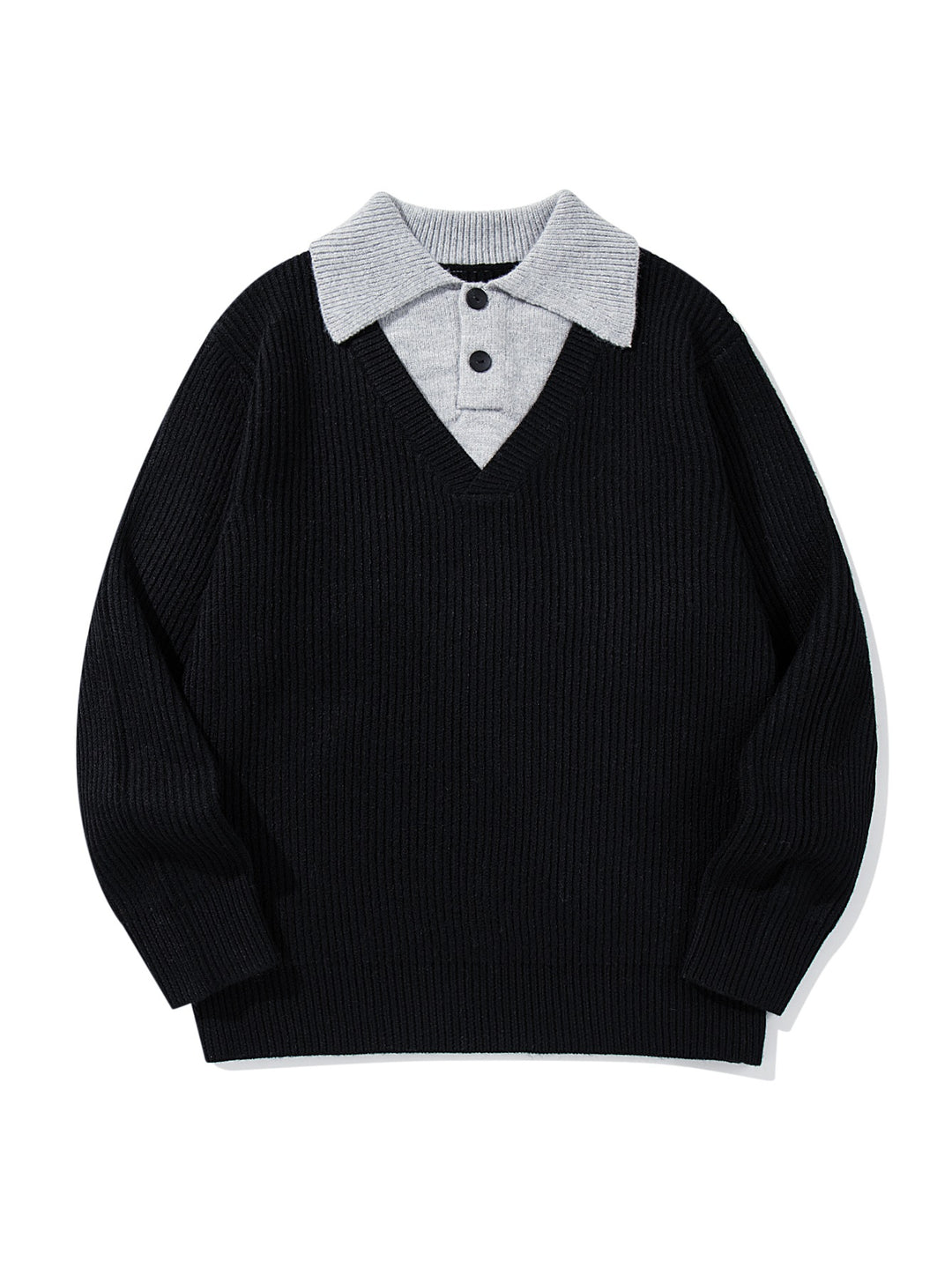 Herren Gerippter Strickpullover mit Polokragen‑Einsatz und tiefem V‑Ausschnitt Nord Taschen