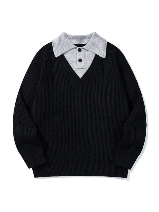 Herren Gerippter Strickpullover mit Polokragen‑Einsatz und tiefem V‑Ausschnitt Nord Taschen