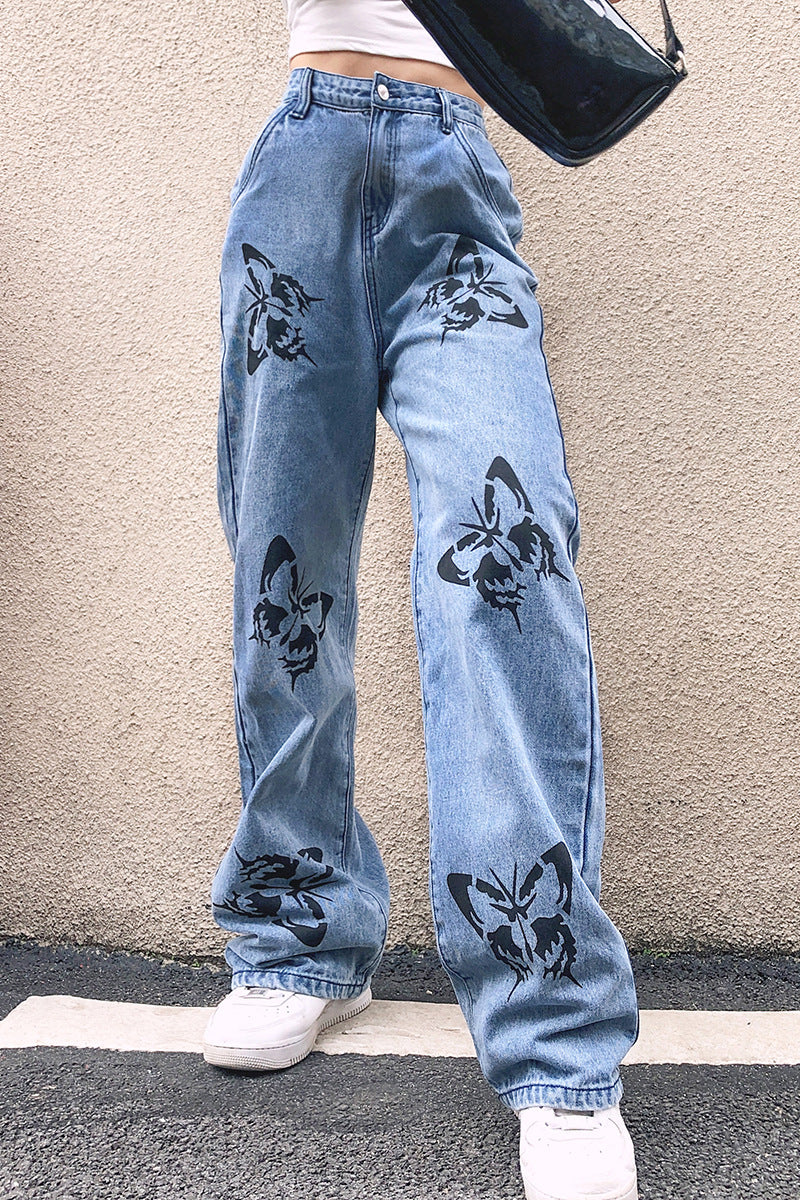 Damen weite High-Waist-Jeans mit Gothic-Schmetterlingsprint und entspanntem Straight-Leg Nord Taschen