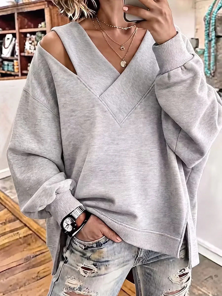 Damen Oversize-Sweatshirt mit V‑Ausschnitt und Cut-Out-Schulter Nord Taschen