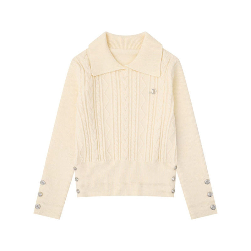 Damen Feinstrick-Polo-Pullover mit Zopfmuster, Zierknopfbesatz und taillierter Passform Nord Taschen