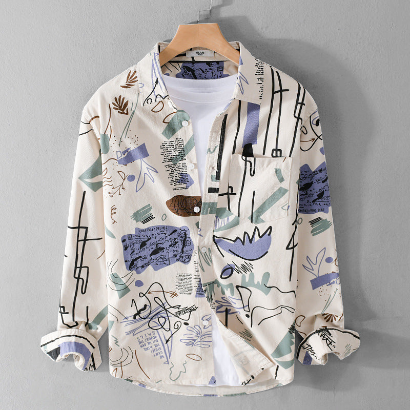 Herren Lockeres Hemdjacken-Overshirt mit abstraktem Skizzenprint, Brusttasche und weichem Baumwollgriff Nord Taschen
