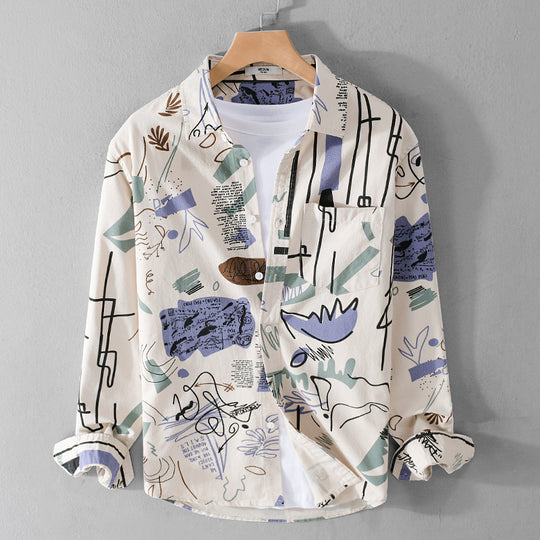 Herren Lockeres Hemdjacken-Overshirt mit abstraktem Skizzenprint, Brusttasche und weichem Baumwollgriff Nord Taschen