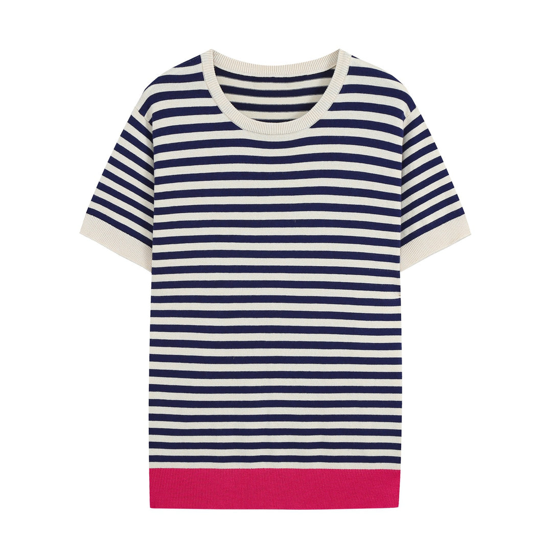 Damen Kurzärmeliges gestreiftes Ripp‑Strickshirt mit Kontrastbündchen Nord Taschen