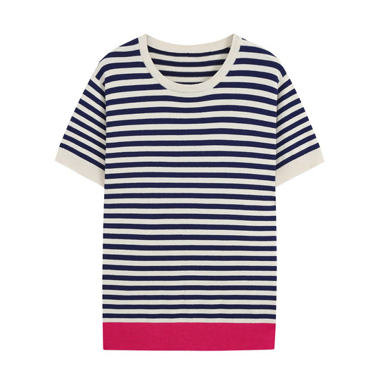 Damen Kurzärmeliges gestreiftes Ripp‑Strickshirt mit Kontrastbündchen Nord Taschen