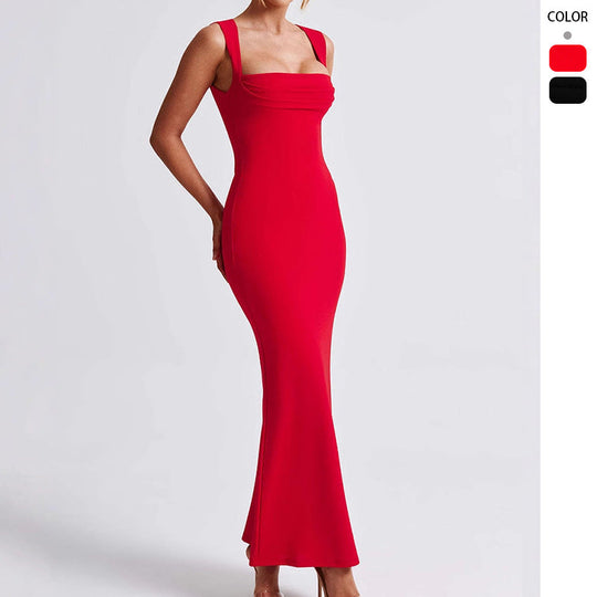 Damen Elegantes figurbetontes Maxikleid mit quadratischem Ausschnitt und tiefem Rücken Nord Taschen