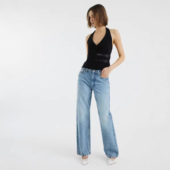 Damen Kurze Taillierte Weste mit tiefem V-Ausschnitt und Doppelgürtel-Detail Nord Taschen