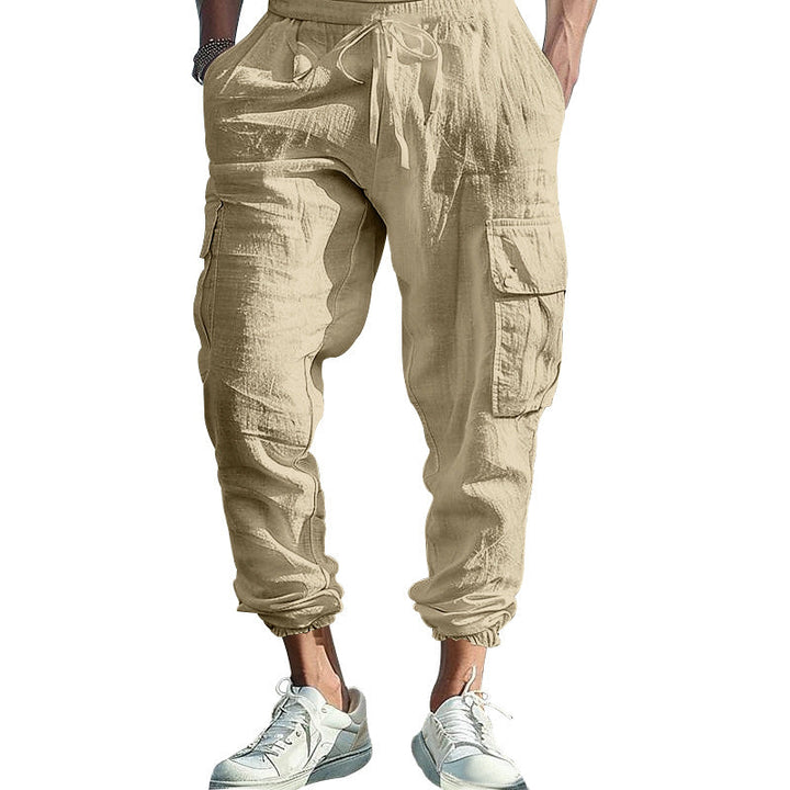 Herren nan lässige Leinen-Cargo-Jogger mit Kordelbund, großen Klapptaschen und elastischem Knöchelabschluss