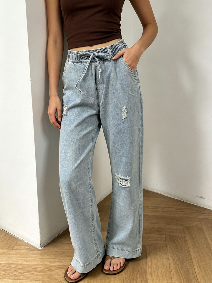 Damen weite Denimhose mit elastischem Kordelbund, Used-Effekten und lockerer Passform Nord Taschen