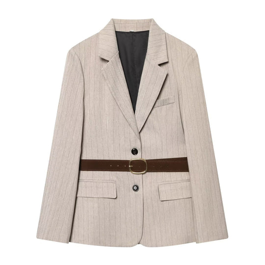 Damen Taillierter Nadelstreifen-Blazer mit Kontrastgürtel und Reverskragen Nord Taschen