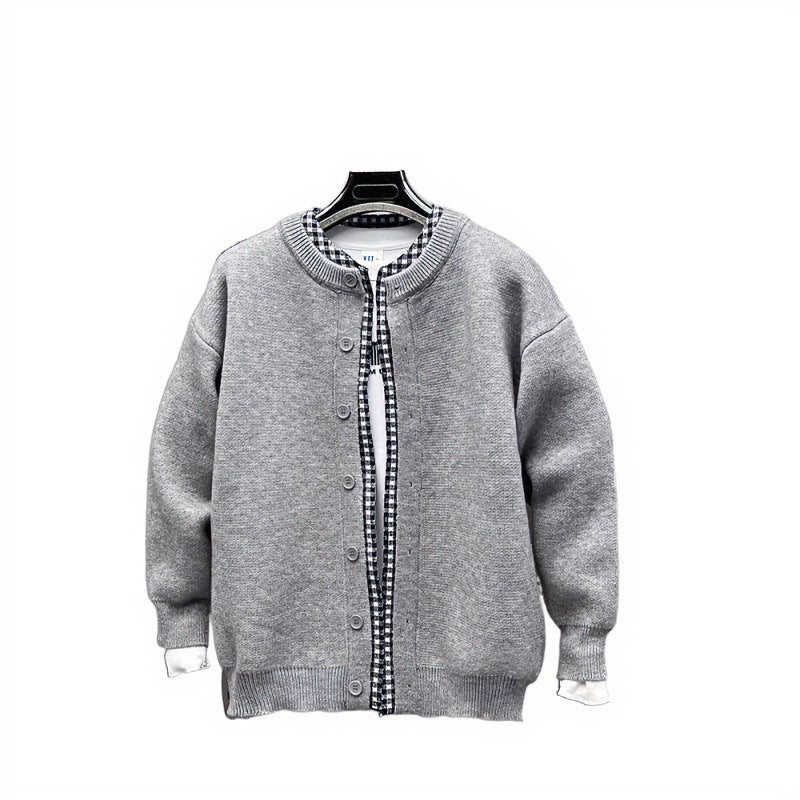 Unisex Lässige Strickjacke im Layering-Look mit Rundhals und Kontrast-Karoinnenschicht Nord Taschen
