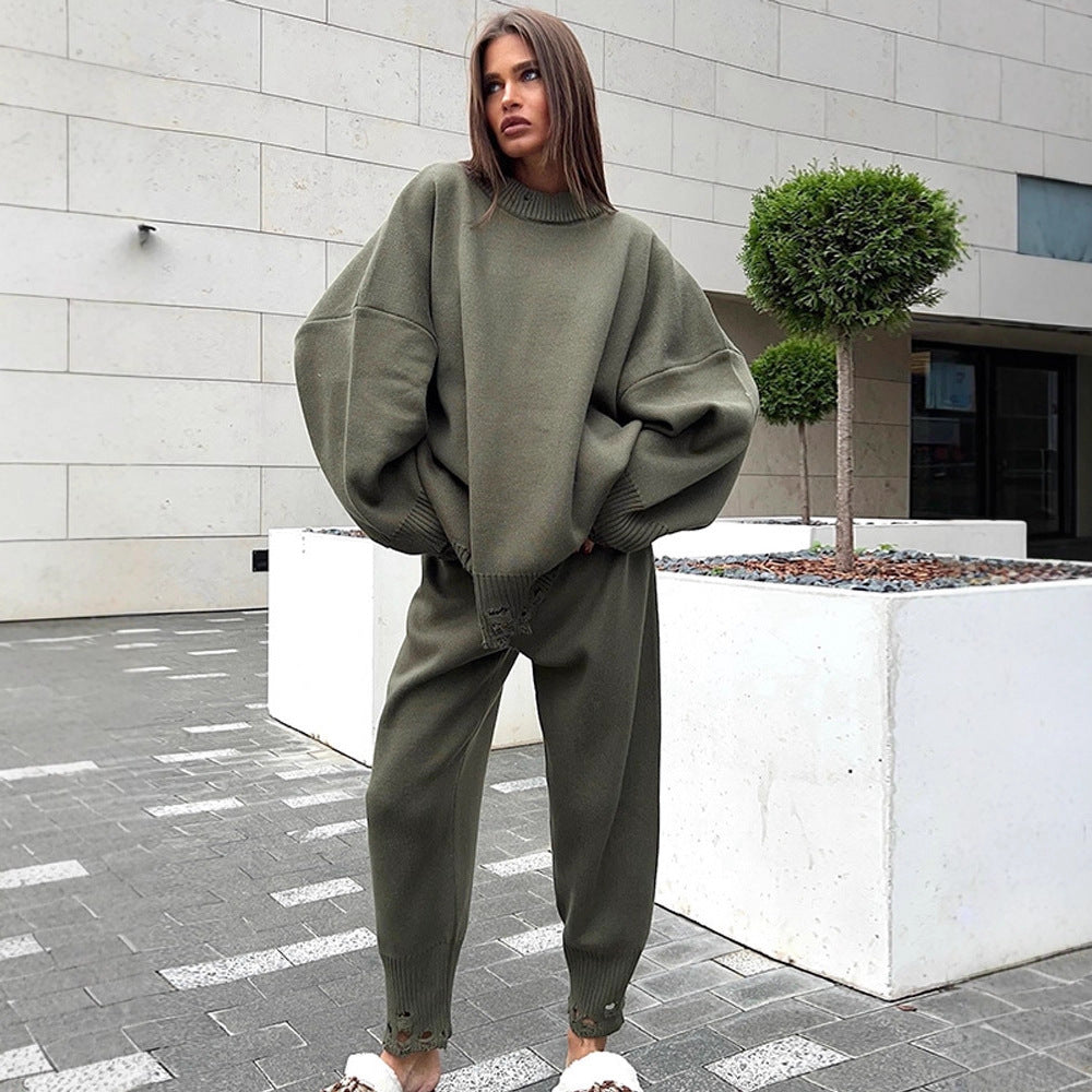 Damen Oversize-Strickset aus Feinstrick mit Destroyed-Saum, weitem Pullover und legerer Schlupfhose Nord Taschen