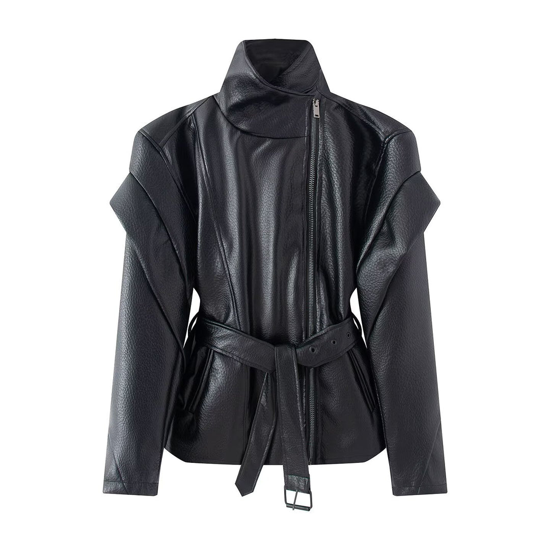 Damen Taillierte Kunstlederjacke mit hohem Stehkragen, asymmetrischem Reißverschluss und Bindegürtel Nord Taschen