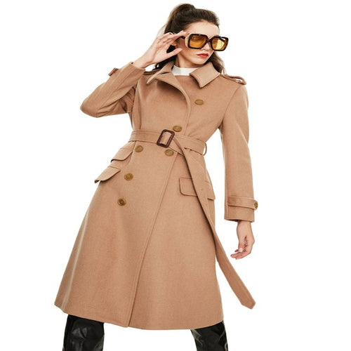 Damen taillierter A‑Linien Trenchcoat aus Woll‑Kaschmirmix mit Taillengürtel und Patten Nord Taschen
