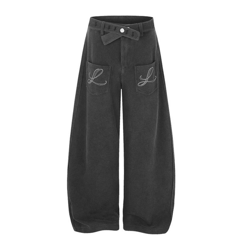 Damen Weite High‑Waist Palazzo-Jogginghose mit aufgesetzten Taschen, Zierstickerei und verstellbarem Gürtel Nord Taschen