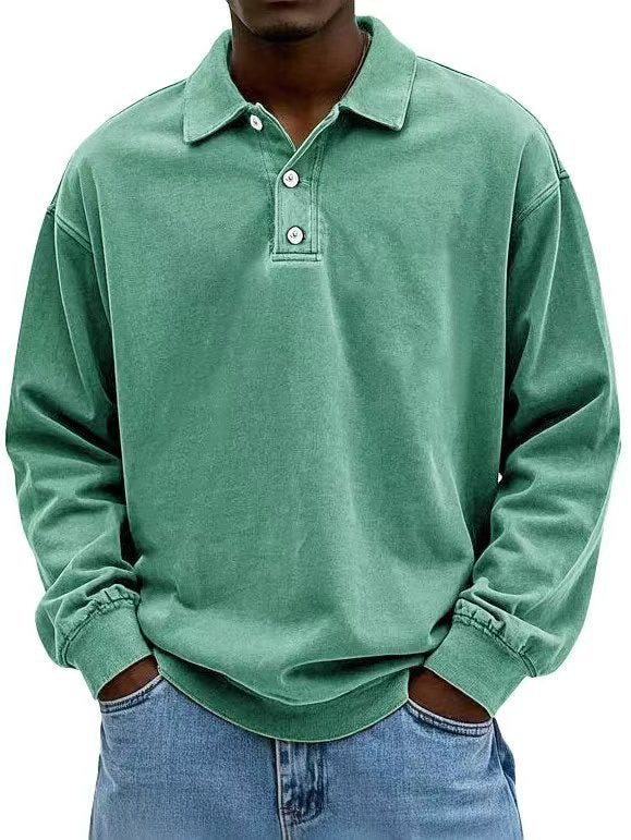 Herren nan lässiges Poloshirt-Sweatshirt mit Kragen, Vintage-Waschung und dreiteiliger Knopfleiste