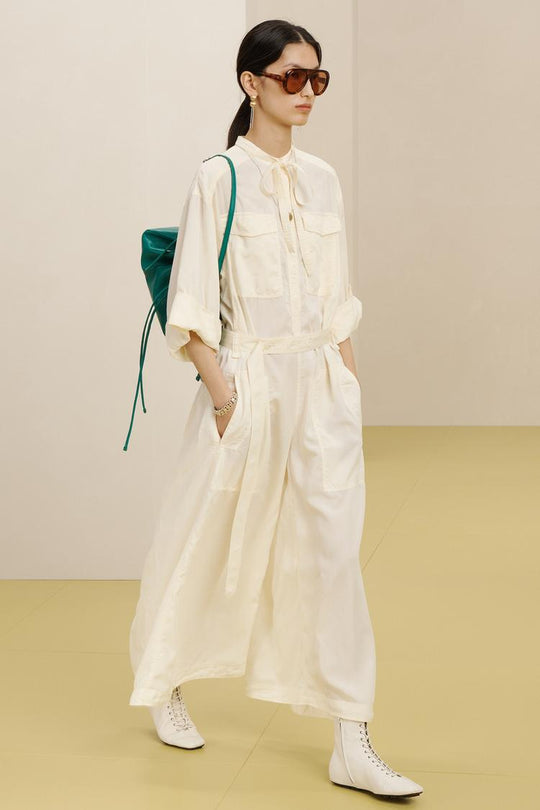 Damen Langer Utility-Jumpsuit mit Hemdkragen und Bindegürtel Nord Taschen