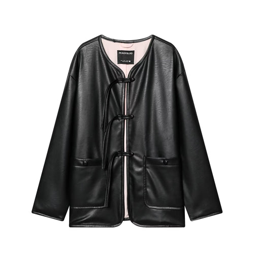 Damen Oversize Kunstlederjacke mit Kordel-Knotenverschluss und aufgesetzten Taschen Nord Taschen