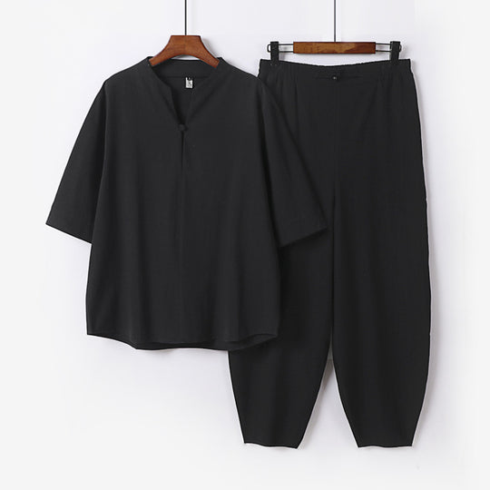 Herren Zweiteiliges Leichtes Leinen-Baumwoll-Set mit Mandarin-Kragen und elastischer Bundhose Nord Taschen