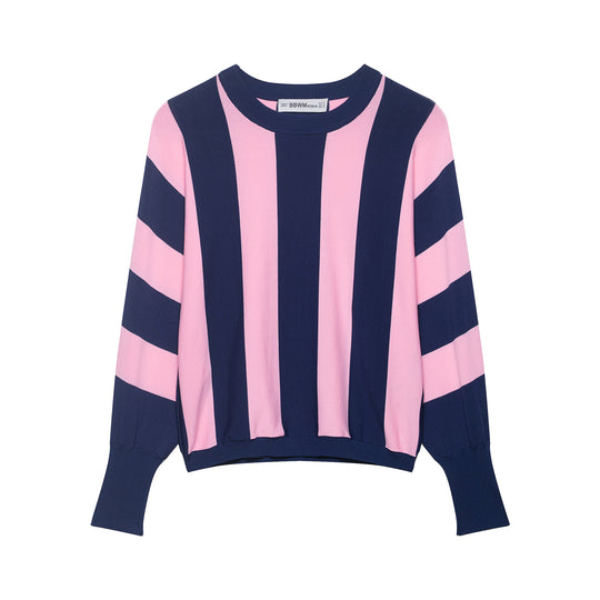 Damen Oversized Strickpullover mit breiten Streifen, Rundhalsausschnitt und verlängerten Rippärmeln Nord Taschen