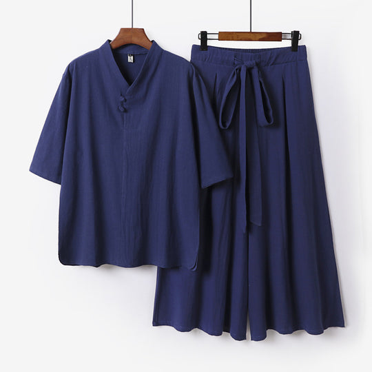Unisex Zweiteiliges Kimono-Lounge-Set mit Stehkragen Kurzarmtop und weiter Bindbundhose Nord Taschen