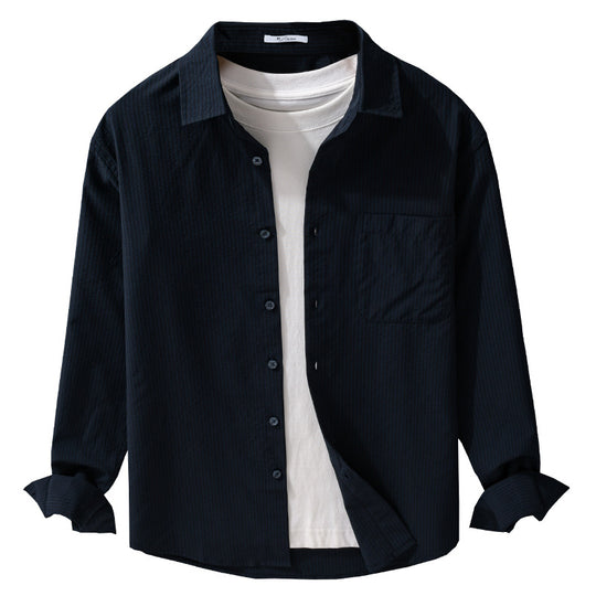 Herren Struktur-Overshirt aus atmungsaktivem Baumwollmix mit feinem Streifenrelief und Brusttasche Nord Taschen