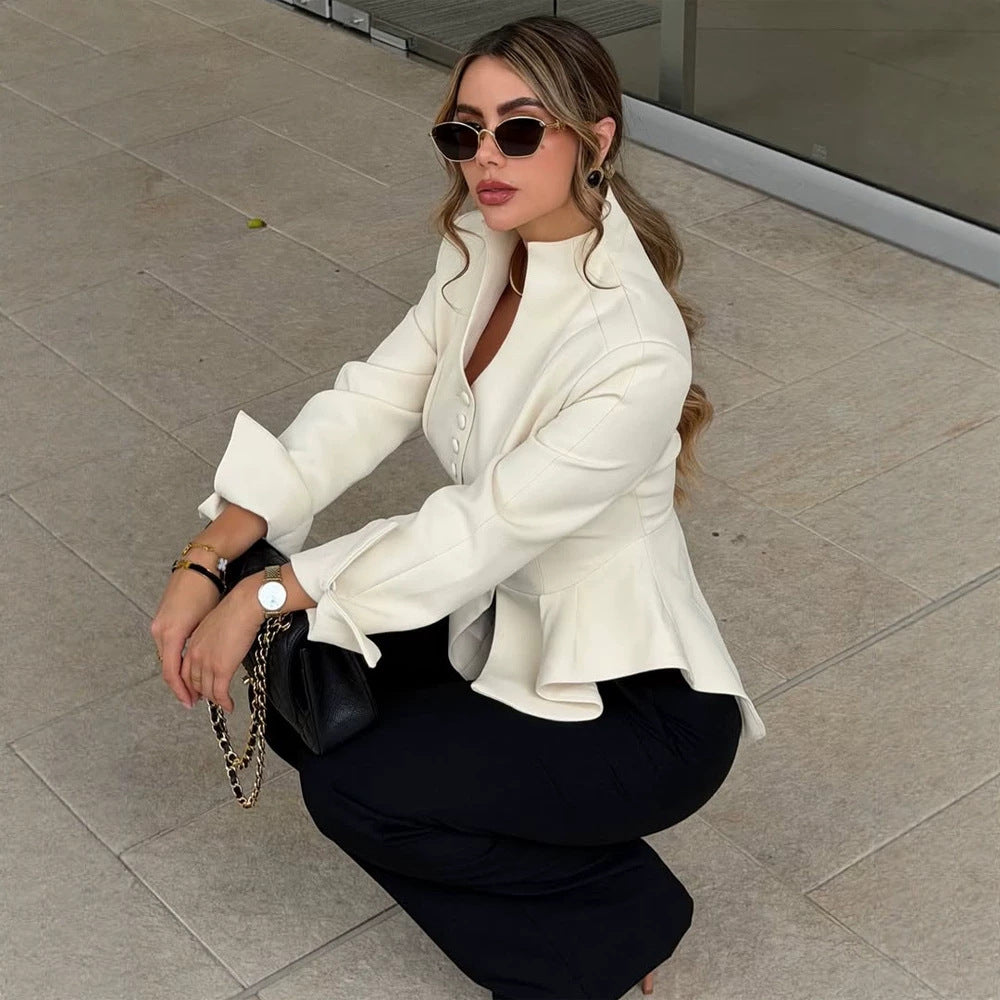 Damen Taillierter Blazer mit Schößchen, Stehkragen & Zierknopf-Leiste Nord Taschen